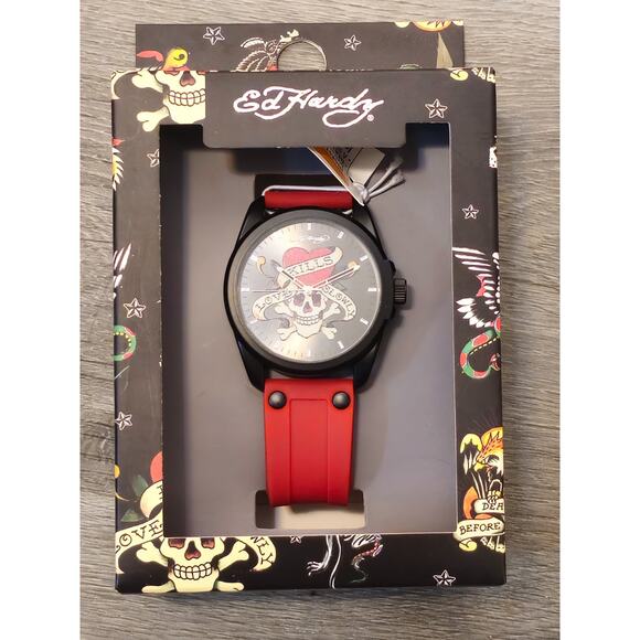 Ed Hardy Men's Red Silicone Strap Matte Black Analog Watch with Skull Dial NIB - Picture 1 of 3